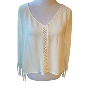 Monteau Women’s Cream Color Boho Fringed 3/4 Sleeve
Festival Semi-Sheer Top  S